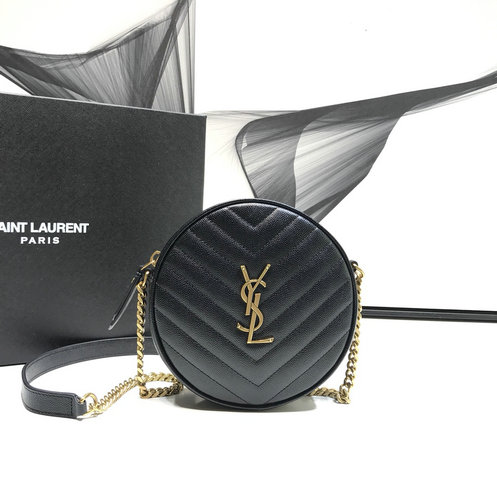 2019 Saint Laurent VINYLE Round Camera Bag in black chevron-quilted grain de poudre embossed leather