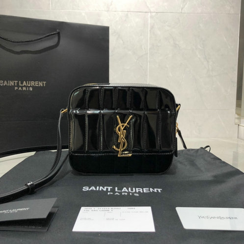 2019 Saint Laurent Vicky camera bag in black quilted patent leather