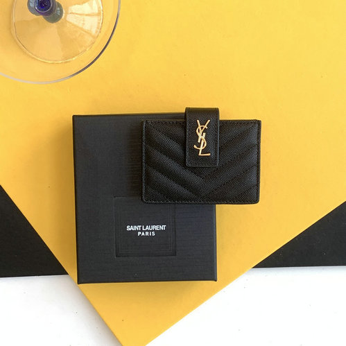 2023 cheap Saint Laurent Cassandre Matelasse Business Card Case in black grain de poudre embossed leather