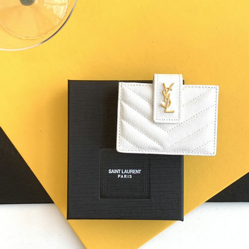 2023 cheap Saint Laurent Cassandre Matelasse Business Card Case in blanc vintage grain de poudre embossed leather