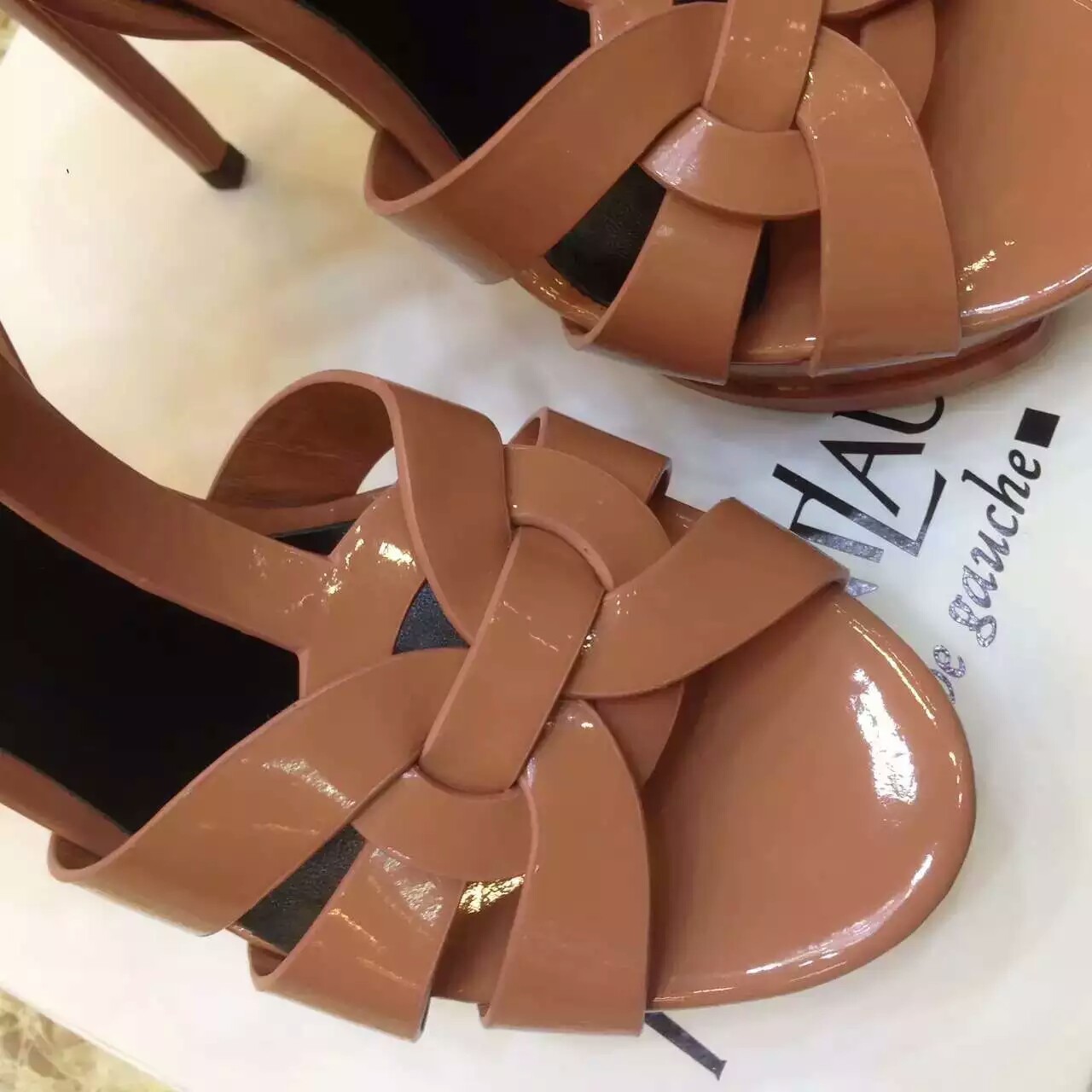 2016 Saint Laurent Shoes Cheap Sale-Saint Laurent Jodie 105 Strappy Sandal in Cameo Patent Leather - Click Image to Close