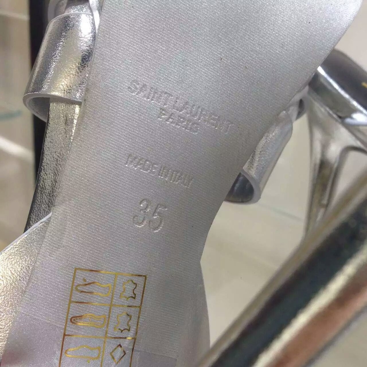 2016 Saint Laurent Shoes Cheap Sale-Saint Laurent Jodie 105 Strappy Sandal in Silver Metallic Leather - Click Image to Close