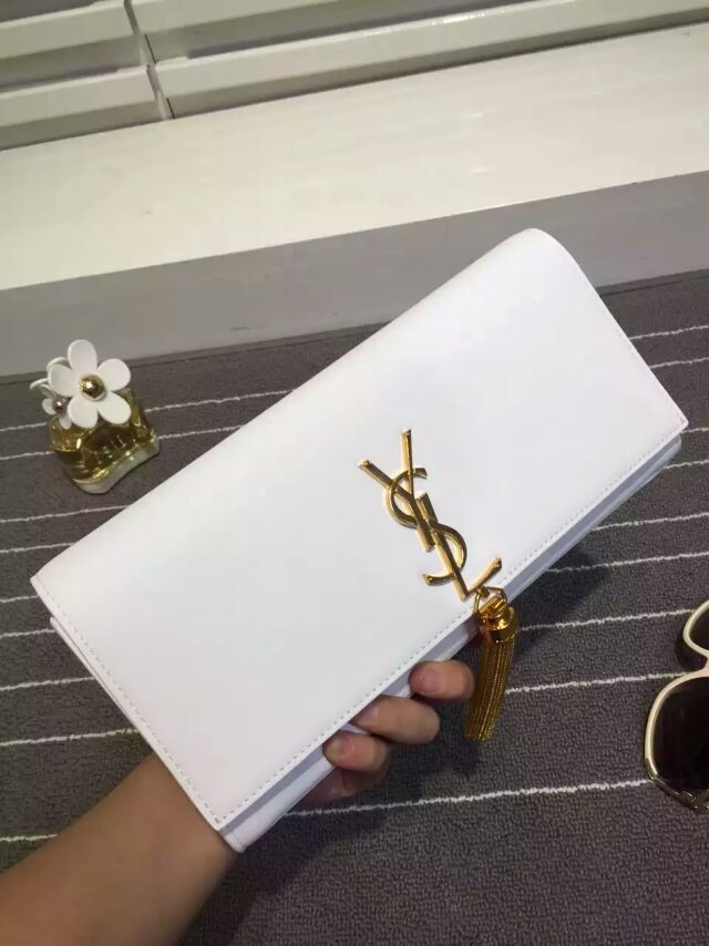 2015 New Saint Laurent Bag Cheap Sale-YSL Classic Monogramme Tassel Clutch Bag in White Calf Leather - Click Image to Close