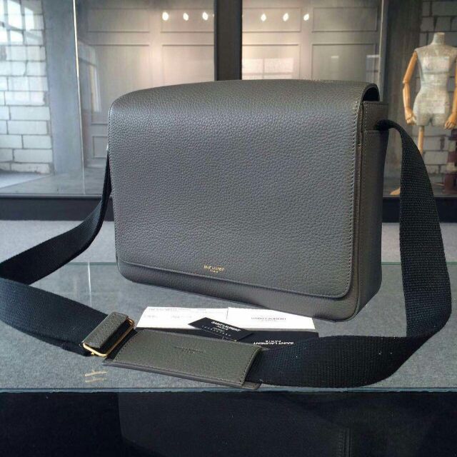 2015 New Saint Laurent Bag Cheap Sale-Saint Laurent Classic Museum Flap Front Messager Bag in Fog Grain De Poudre Textured Leather - Click Image to Close