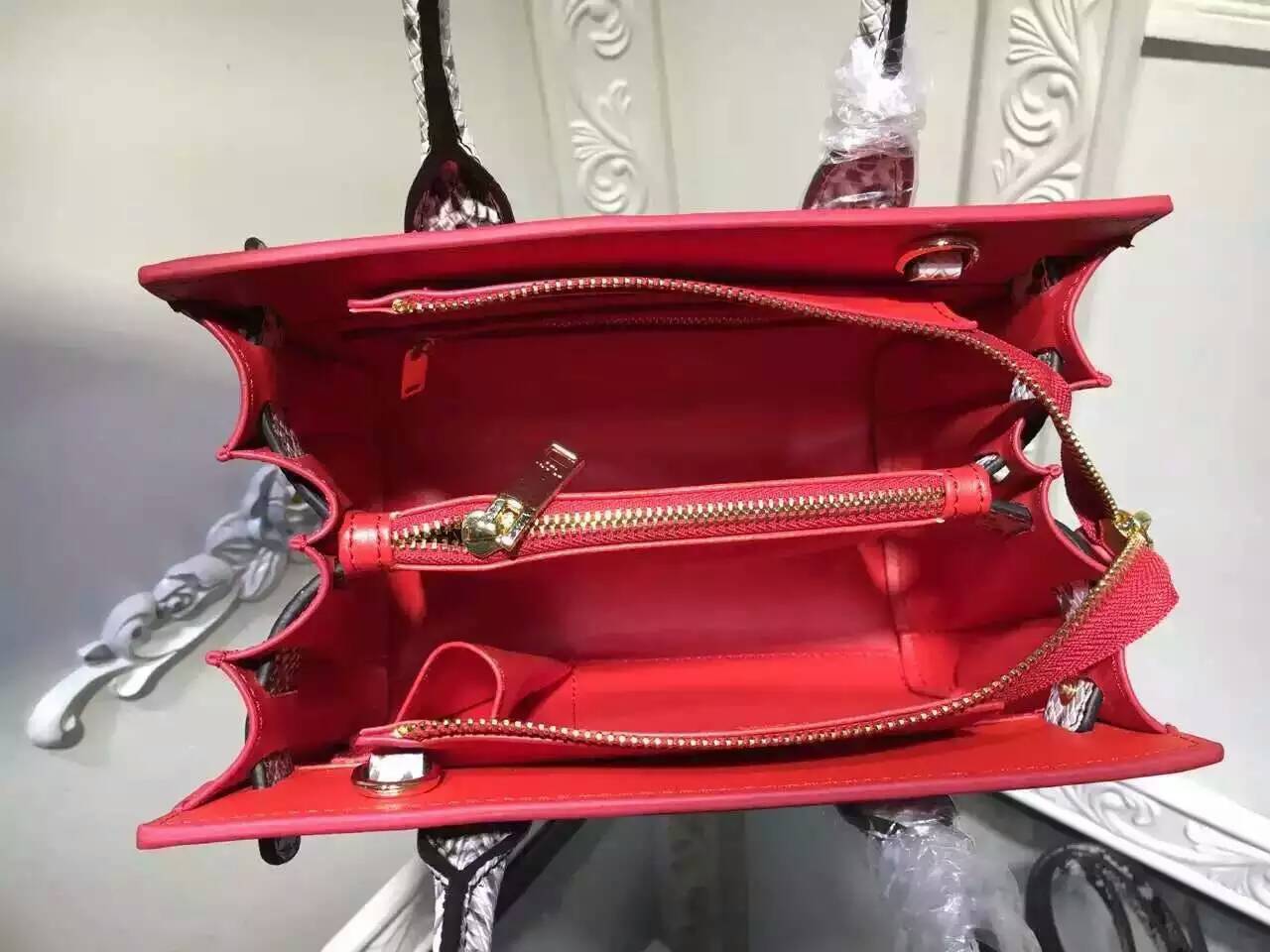 2016 New Saint Laurent Bag Cheap Sale-Saint Laurent Medium Classic Sac De Jour Bag in Red Calfskin and Python Embossed Leather - Click Image to Close