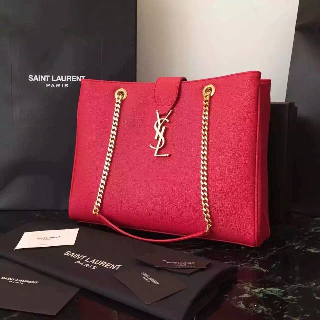 2015 New Saint Laurent Bag Cheap Sale-Saint Laurent Classic Monogram Shopping Bag in Red Grained Leather with Gold Chain