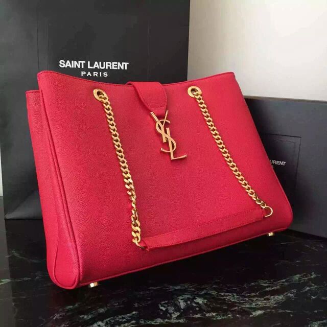 2015 New Saint Laurent Bag Cheap Sale-Saint Laurent Classic Monogram Shopping Bag in Red Grained Leather with Gold Chain - Click Image to Close
