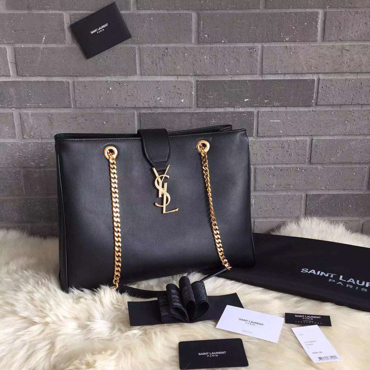 2015 New Saint Laurent Bag Cheap Sale-Saint Laurent Classic Monogram Shopping Bag in Black Smooth Calfskin Leather with Gold Chain
