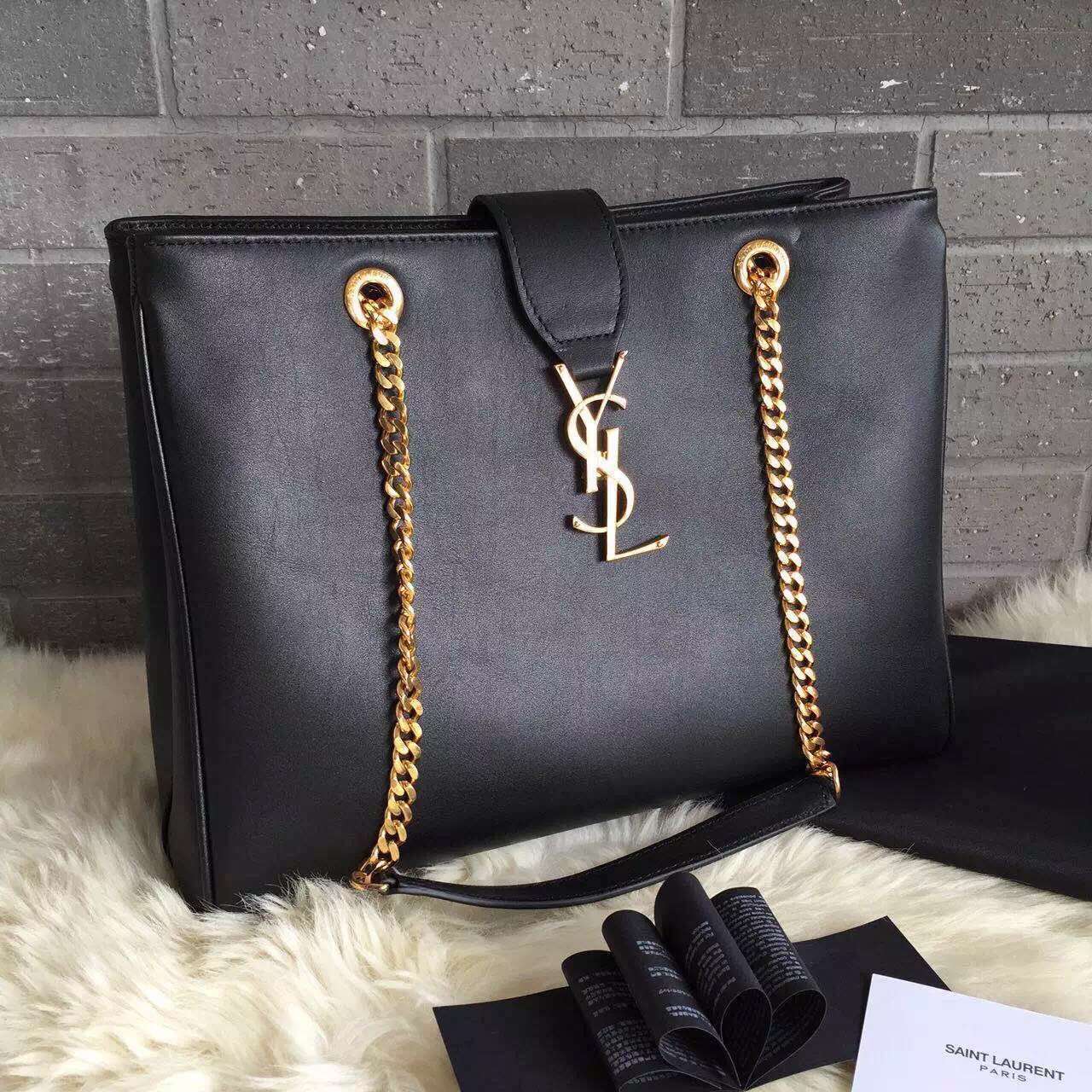 2015 New Saint Laurent Bag Cheap Sale-Saint Laurent Classic Monogram Shopping Bag in Black Smooth Calfskin Leather with Gold Chain - Click Image to Close