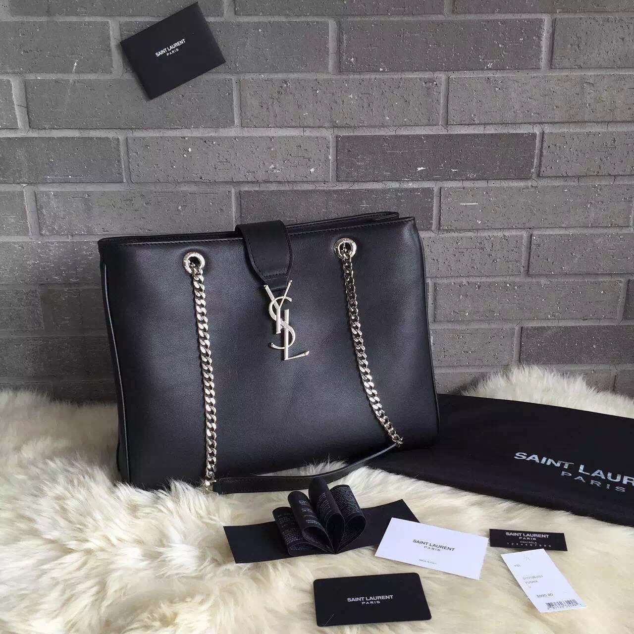 2015 New Saint Laurent Bag Cheap Sale-Saint Laurent Classic Monogram Shopping Bag in Black Smooth Calfskin Leather with Silver Chain