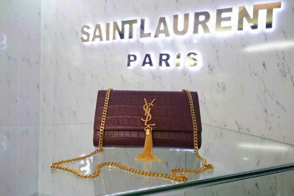 2015 New Saint Laurent Bag Cheap Sale-Classic Monogram Saint Laurent Tassel Satchel in Burgundy Embossed Crocodile Leather