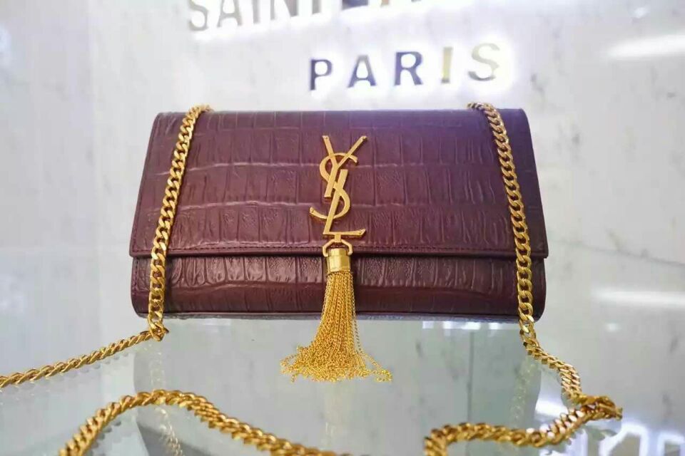 2015 New Saint Laurent Bag Cheap Sale-Classic Monogram Saint Laurent Tassel Satchel in Burgundy Embossed Crocodile Leather - Click Image to Close
