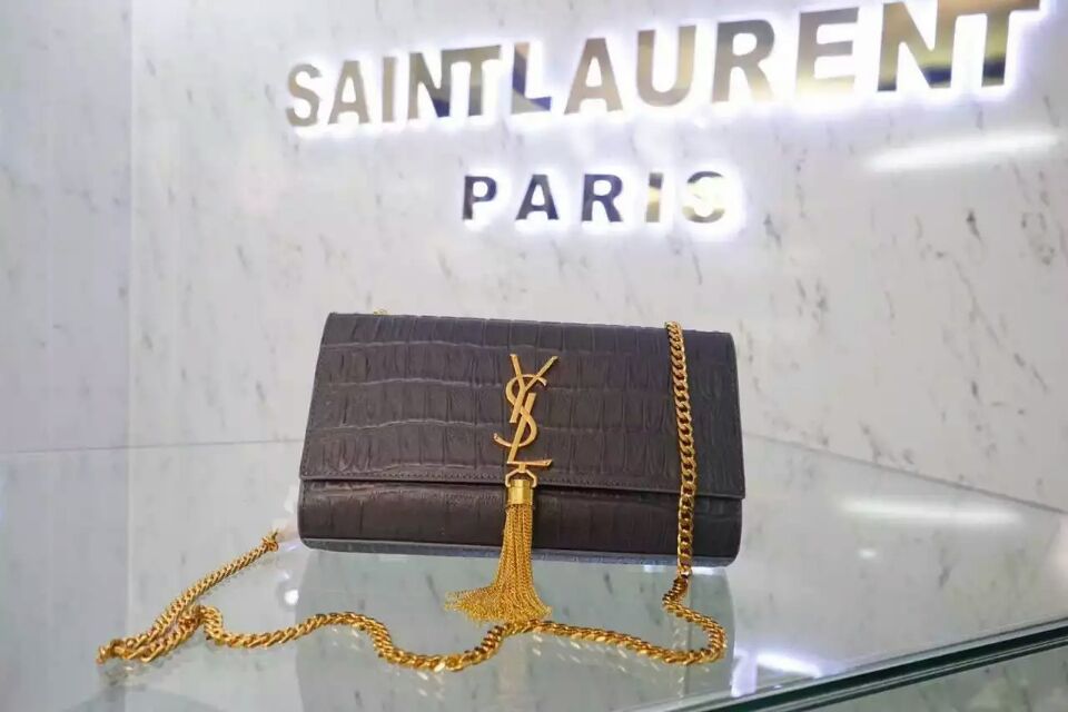 2015 New Saint Laurent Bag Cheap Sale-Classic Monogram Saint Laurent Tassel Satchel in Grey Embossed Crocodile Leather