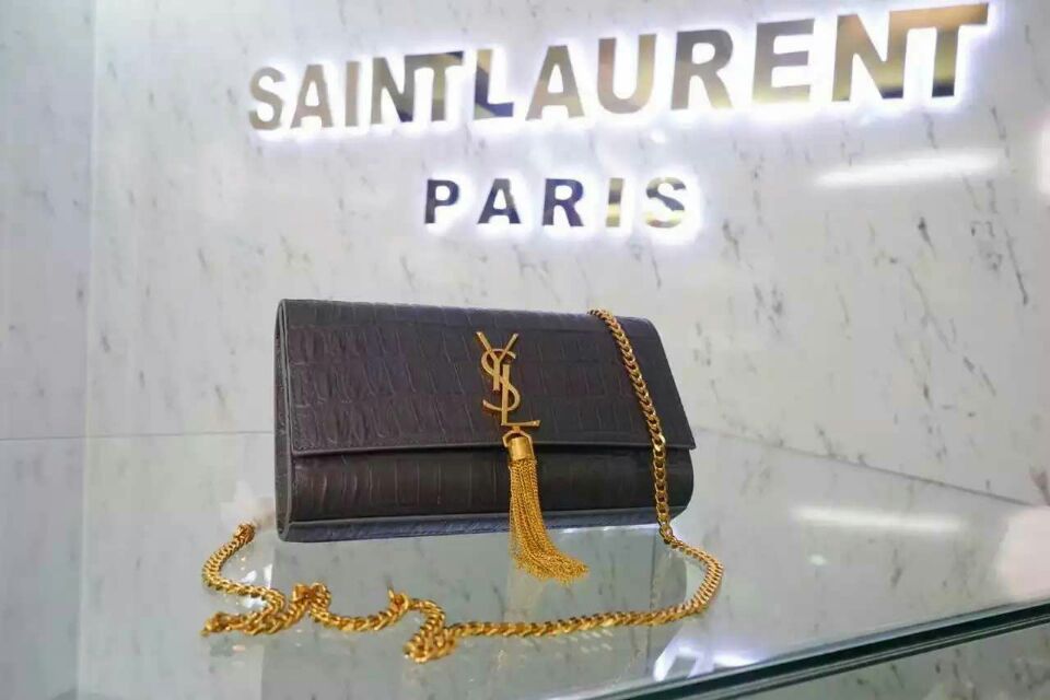 2015 New Saint Laurent Bag Cheap Sale-Classic Monogram Saint Laurent Tassel Satchel in Grey Embossed Crocodile Leather - Click Image to Close