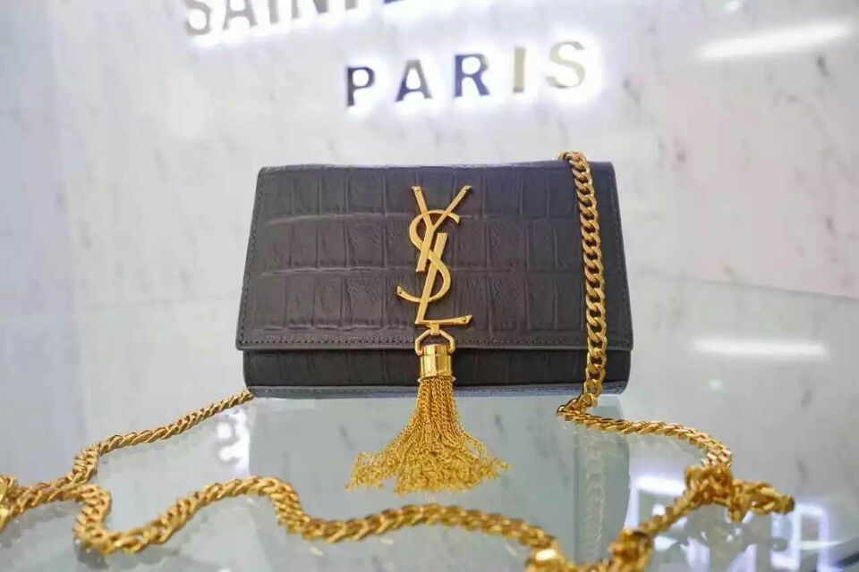 2015 New Saint Laurent Bag Cheap Sale-Small Monogram Saint Laurent Tassel Satchel in Grey Embossed Crocodile Leather - Click Image to Close