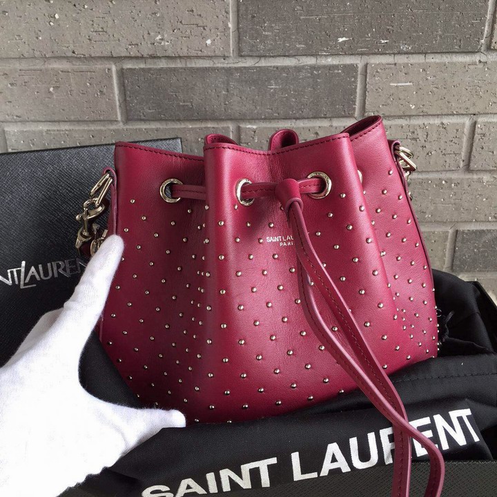 2015 New Saint Laurent Bag Cheap Sale-Saint Laurent Medium Emmanuelle Bucket Bag in Burgundy Leather and Silver-Toned Metal Studs - Click Image to Close