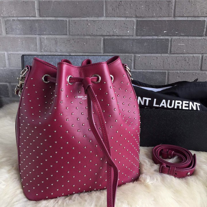 2015 New Saint Laurent Bag Cheap Sale-Saint Laurent Medium Emmanuelle Bucket Bag in Burgundy Leather and Silver-Toned Metal Studs - Click Image to Close
