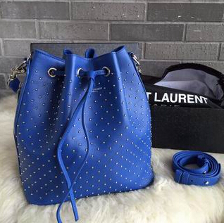 2015 New Saint Laurent Bag Cheap Sale-Saint Laurent Medium Emmanuelle Bucket Bag in Royal Blue Leather and Silver-Toned Metal Studs