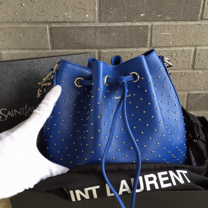 2015 New Saint Laurent Bag Cheap Sale-Saint Laurent Medium Emmanuelle Bucket Bag in Royal Blue Leather and Silver-Toned Metal Studs - Click Image to Close
