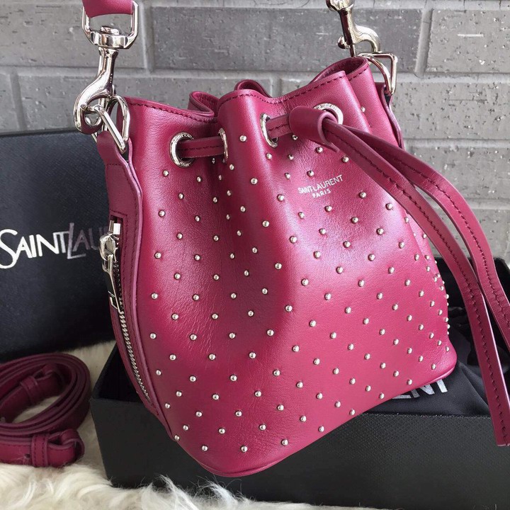 2015 New Saint Laurent Bag Cheap Sale-Saint Laurent Small Emmanuelle Bucket Bag in Burgundy Leather and Silver-Toned Metal Studs - Click Image to Close