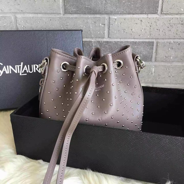 2015 New Saint Laurent Bag Cheap Sale-Saint Laurent Small Emmanuelle Bucket Bag in Fog Leather and Silver-Toned Metal Studs - Click Image to Close