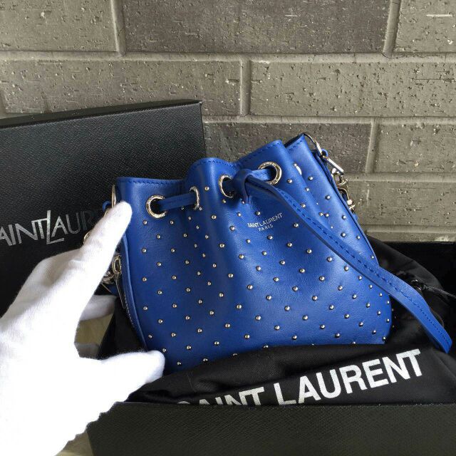 2015 New Saint Laurent Bag Cheap Sale-Saint Laurent Small Emmanuelle Bucket Bag in Royal Blue Leather and Silver-Toned Metal Studs - Click Image to Close