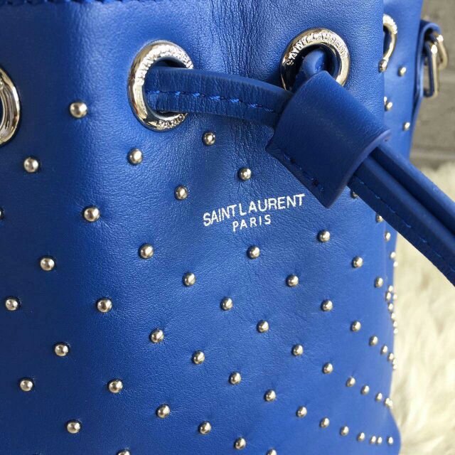 2015 New Saint Laurent Bag Cheap Sale-Saint Laurent Small Emmanuelle Bucket Bag in Royal Blue Leather and Silver-Toned Metal Studs - Click Image to Close