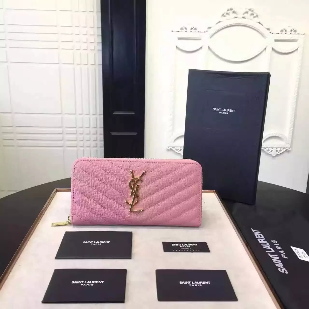 2016 Cheap YSL Out Sale with Free Shipping-Saint Laurent Monogram Zip Around Wallet in Pink Grain De Poudre Matelassé Textured Leather