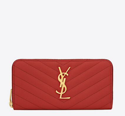 2016 Cheap YSL Out Sale with Free Shipping-Saint Laurent Monogram Zip Around Wallet in Lipstick Red Grain De Poudre Matelasse Textured Leather