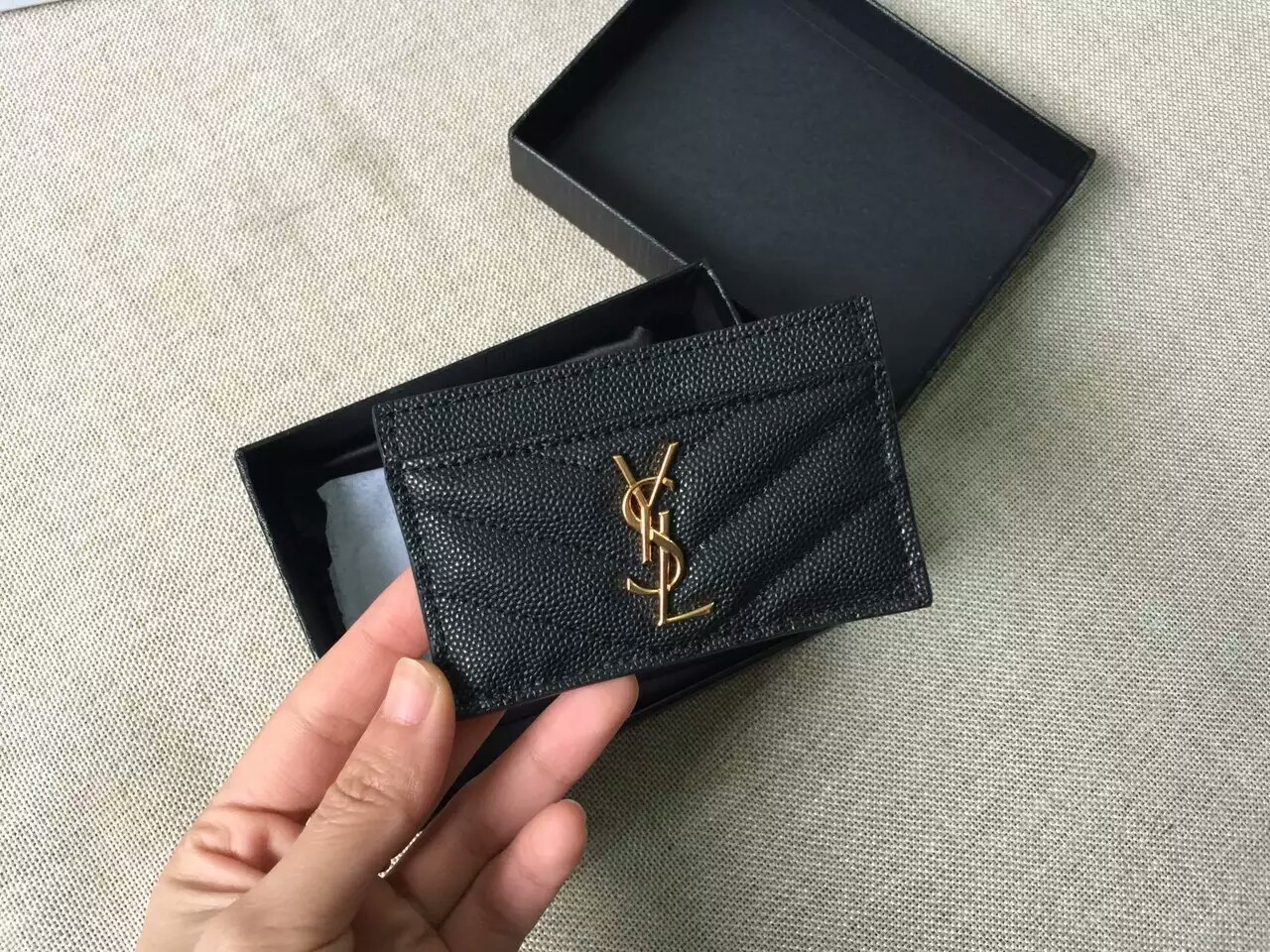 2016 Saint Laurent Bags Cheap Sale-Saint Laurent Credit Card Case in Black Grain De Poudre Textured Matelasse Leather