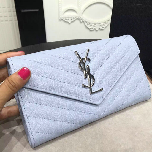 2016 Cheap YSL Out Sale with Free Shipping-Saint Laurent Large Monogram Flap Wallet in Creamy Blue Grain de Poudre Textured matelasse Leather - Click Image to Close