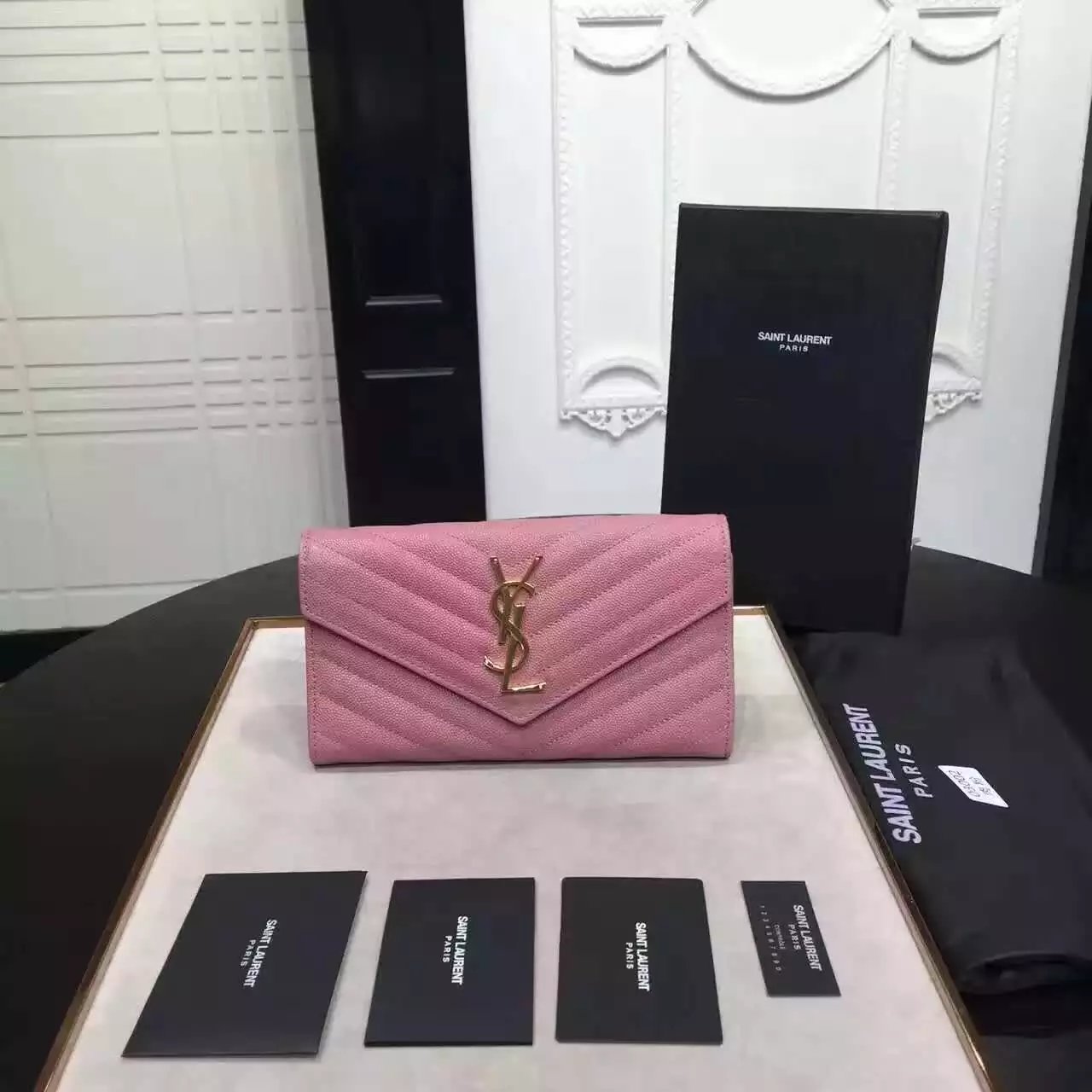 2016 Cheap YSL Out Sale with Free Shipping-Saint Laurent Large Monogram Flap Wallet in Pink Grain de Poudre Textured matelassé Leather