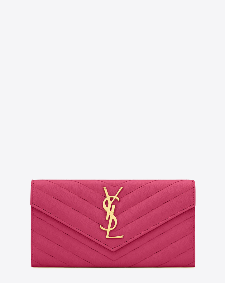 2016 Cheap YSL Out Sale with Free Shipping-Saint Laurent Large Monogram Flap Wallet in Lipstick Fuchsia Grain de Poudre Textured matelassé Leather