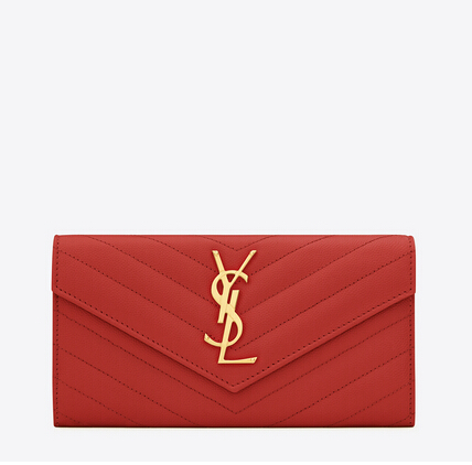 2016 Cheap YSL Out Sale with Free Shipping-Saint Laurent Large Monogram Flap Wallet in Lipstick Red Grain de Poudre Textured matelassé Leather