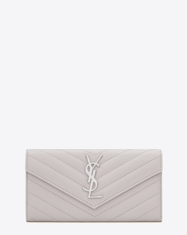 2016 Cheap YSL Out Sale with Free Shipping-Saint Laurent Large Monogram Flap Wallet in Light Grey Grain de Poudre Textured matelassé Leather
