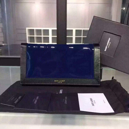 2015 New Saint Laurent Bag Cheap Sale-YSL Color Matching Wallet in Black Calfskin And Blue Patent Leather