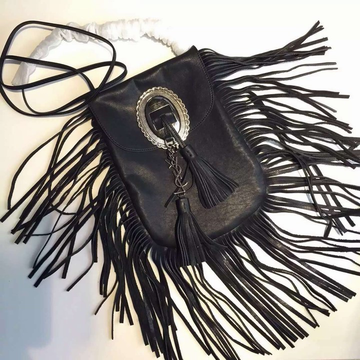 Hurry Up!F/W 2015 New Saint Laurent Bag Cheap Sale-Saint Laurent Anita Tasseled Flat Bag in Black Leather - Click Image to Close