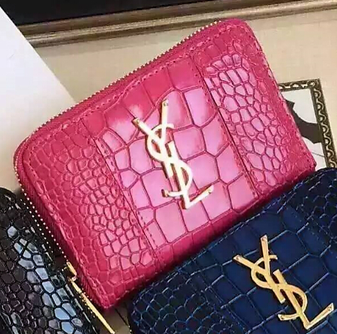 YSL Spring 2016 Collection Outlet-Saint Laurent Small Monogram Zip Around Wallet in Rose Crocodile Embossed Leather