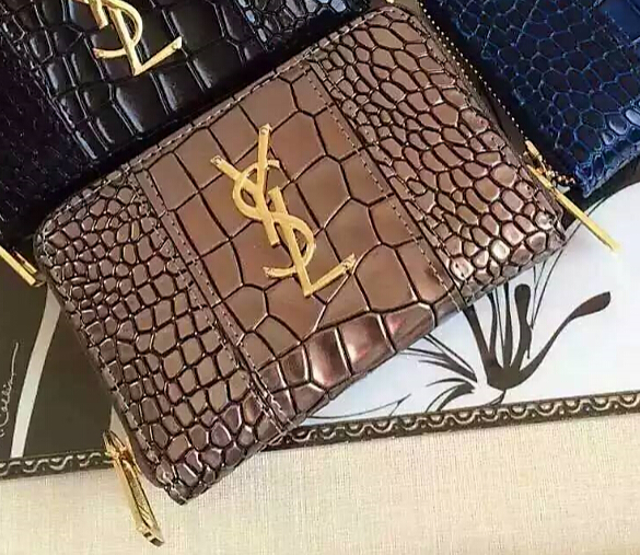 YSL Spring 2016 Collection Outlet-Saint Laurent Small Monogram Zip Around Wallet in Metallic Color Crocodile Embossed Leather