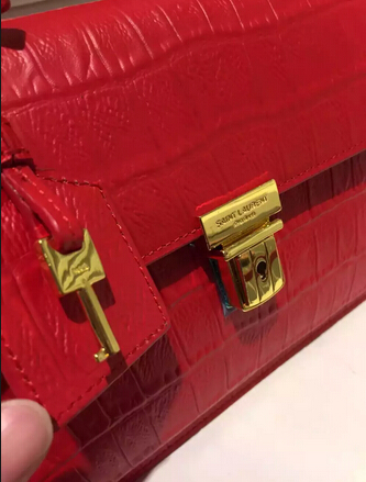 Fall/Winter 2015 Saint Laurent Bag Cheap Sale-Saint Laurent High School Satchel in Cherry Crocodile Embossed Leather with Gold Buckle - Click Image to Close