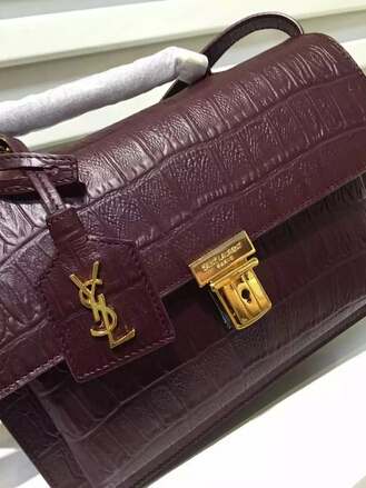 Fall/Winter 2015 Saint Laurent Bag Cheap Sale-Saint Laurent High School Satchel in Oxblood Crocodile Embossed Leather with Gold Buckle - Click Image to Close