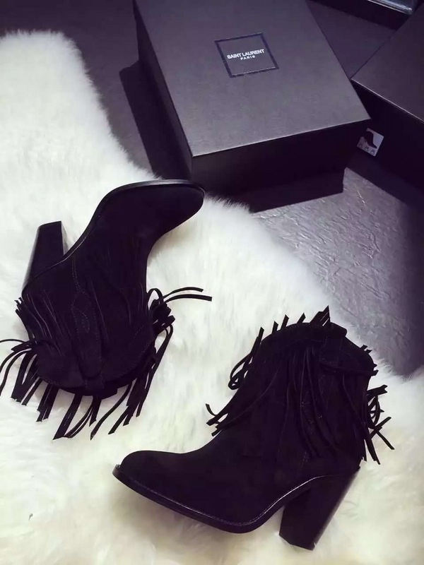 2015 New Saint Laurent Shoes Cheap Sale-Saint Laurent New Western 80 Fringed Ankle Boot in Black Suede - Click Image to Close