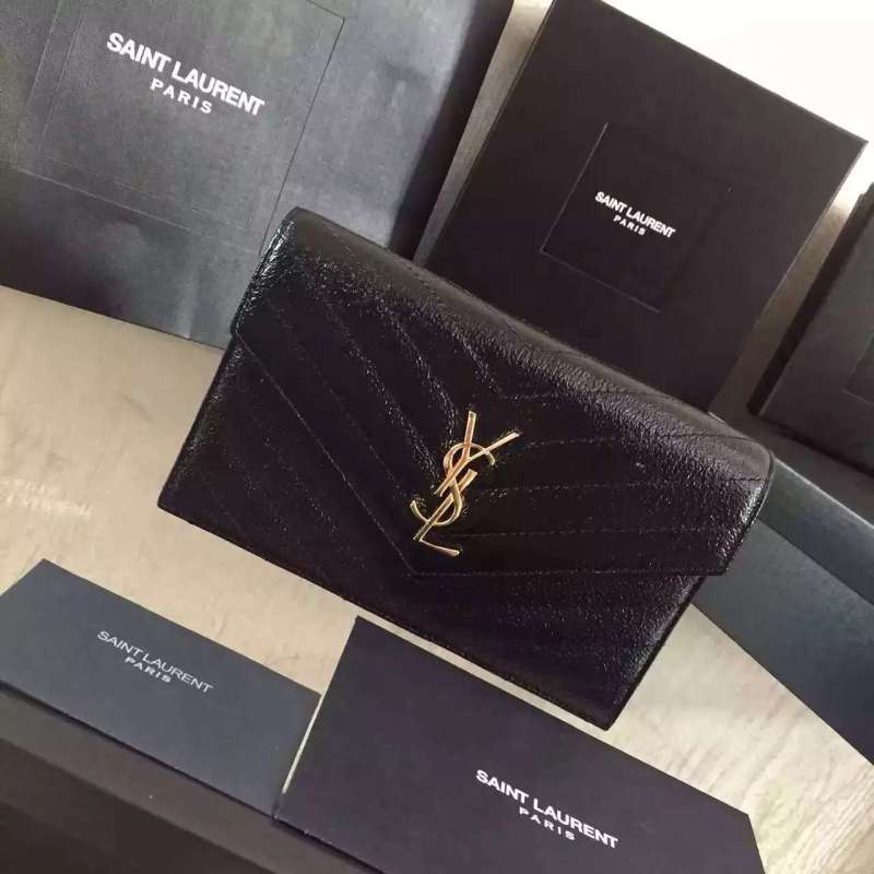 2016 Cheap YSL Out Sale with Free Shipping-Saint Laurent Monogram Envelope Chain Wallet in Black Grained Matelasse Metallic Leather
