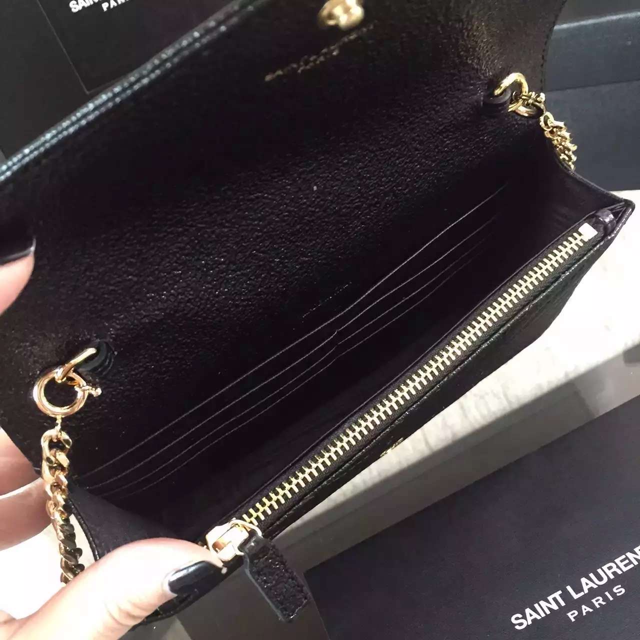 2016 Cheap YSL Out Sale with Free Shipping-Saint Laurent Monogram Envelope Chain Wallet in Black Grained Matelasse Metallic Leather - Click Image to Close