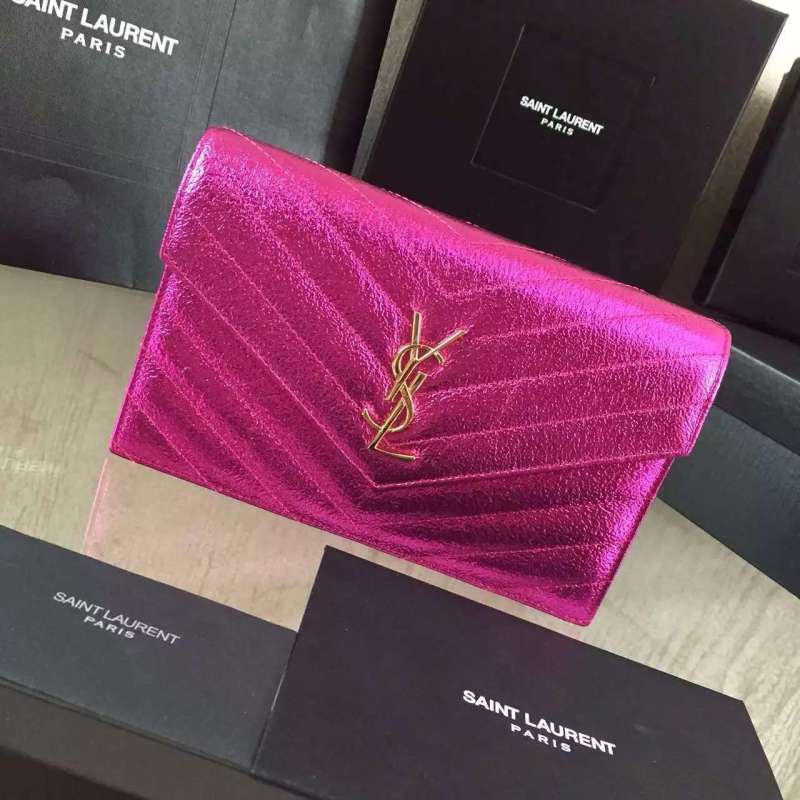 2016 Cheap YSL Out Sale with Free Shipping-Saint Laurent Monogram Envelope Chain Wallet in Rose Grained Matelasse Metallic Leather