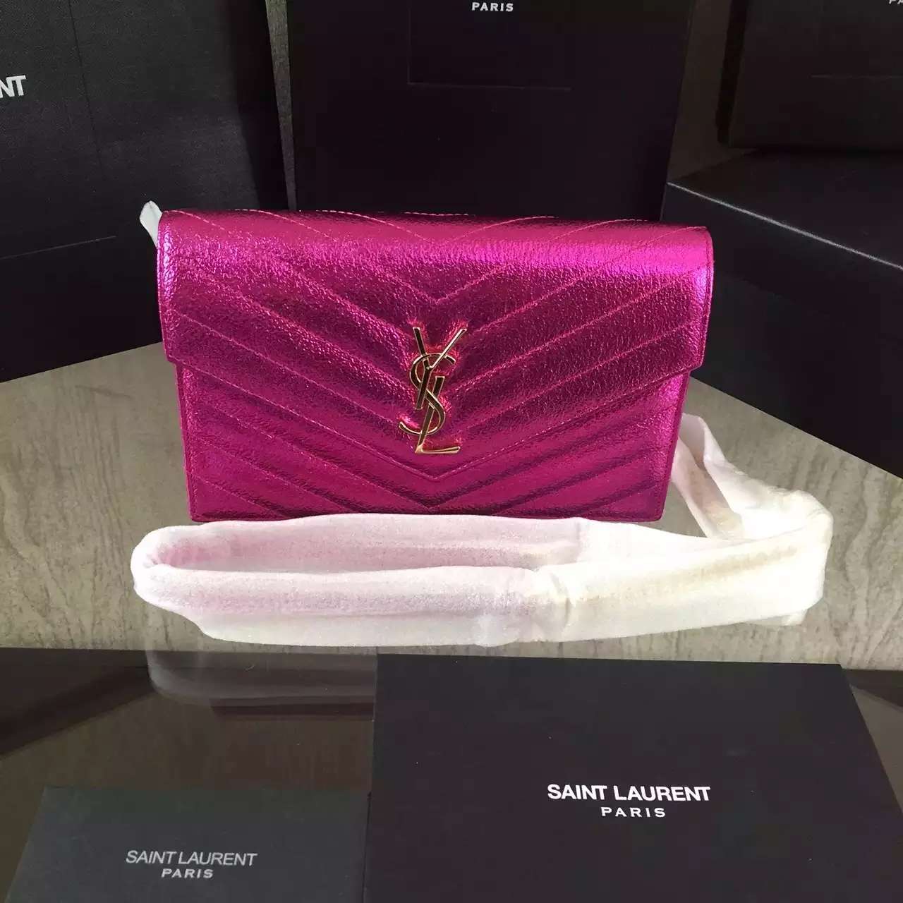 2016 Cheap YSL Out Sale with Free Shipping-Saint Laurent Monogram Envelope Chain Wallet in Rose Grained Matelasse Metallic Leather - Click Image to Close