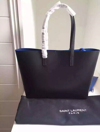 2015 New Saint Laurent Bag Cheap Sale-Saint Laurent Shopping Tote in Black Leather with Blue Lining - Click Image to Close
