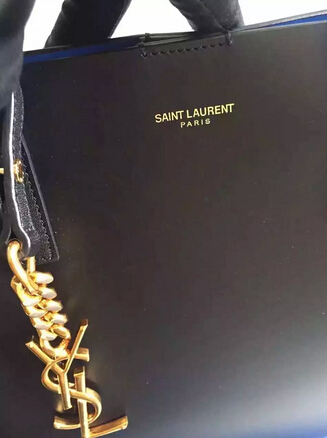 2015 New Saint Laurent Bag Cheap Sale-Saint Laurent Shopping Tote in Black Leather with Blue Lining - Click Image to Close
