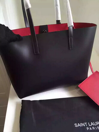 2015 New Saint Laurent Bag Cheap Sale-Saint Laurent Shopping Tote in Black Leather with Red Lining - Click Image to Close