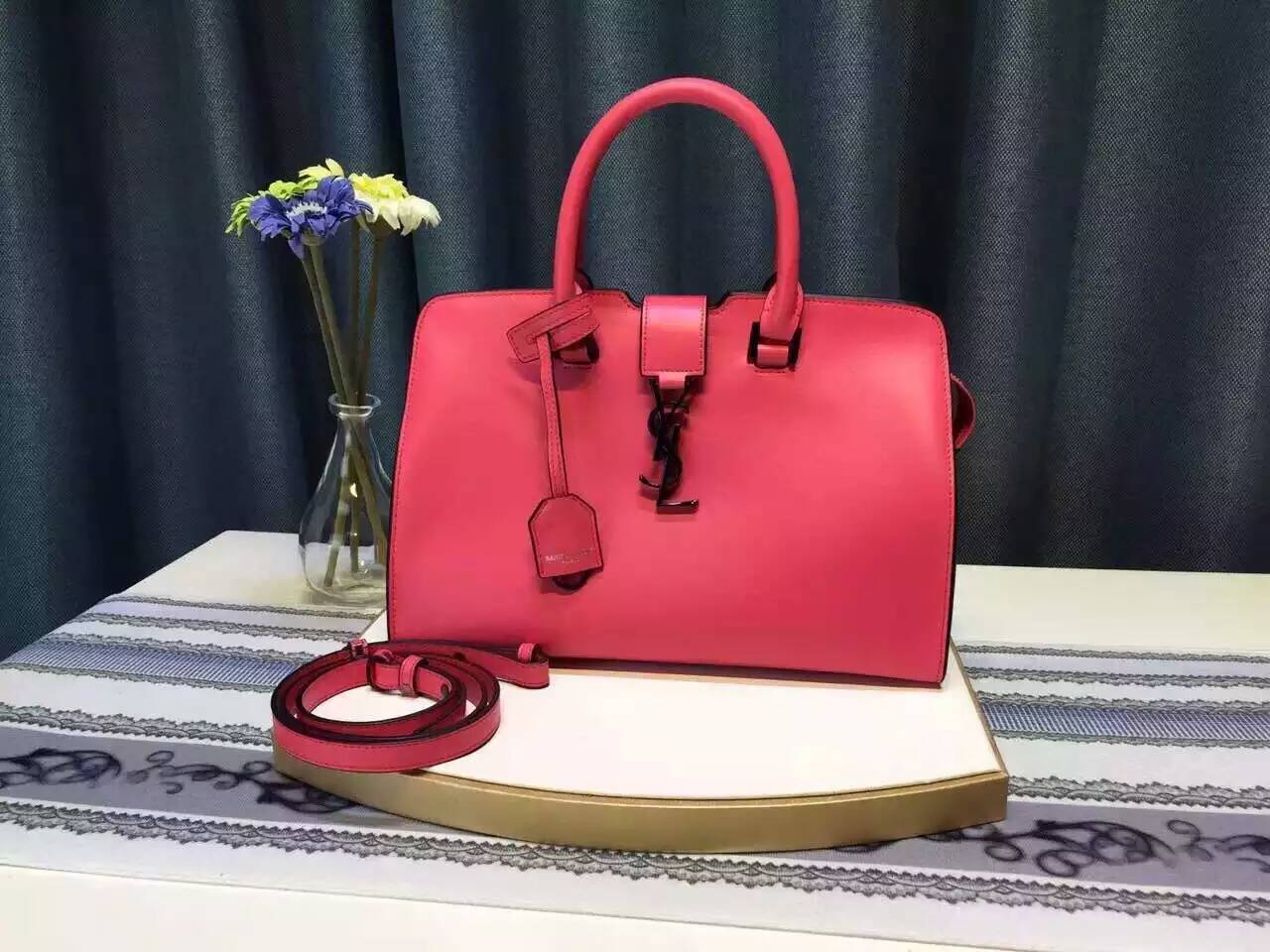 Limited Edition!2016 YSL Collection Outlet-Saint Laurent Small Monogram Cabas Bag in Fuchsia Leather